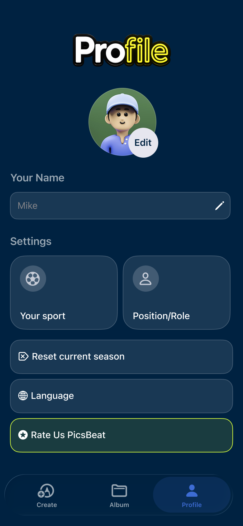 Picsbeat Profile screen